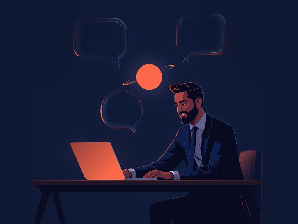 Entrepreneur at a desk at night in conversation with a glowing AI orb above a laptop, chat bubbles floating between them.