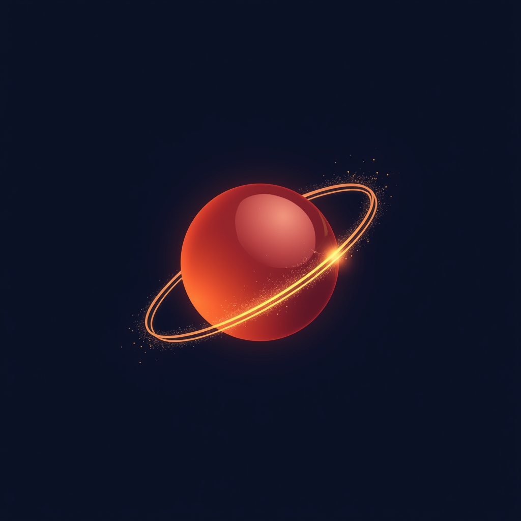 Glowing vermilion sphere wrapped in a gold ring on deep navy — reads cosmic, Saturn-like.