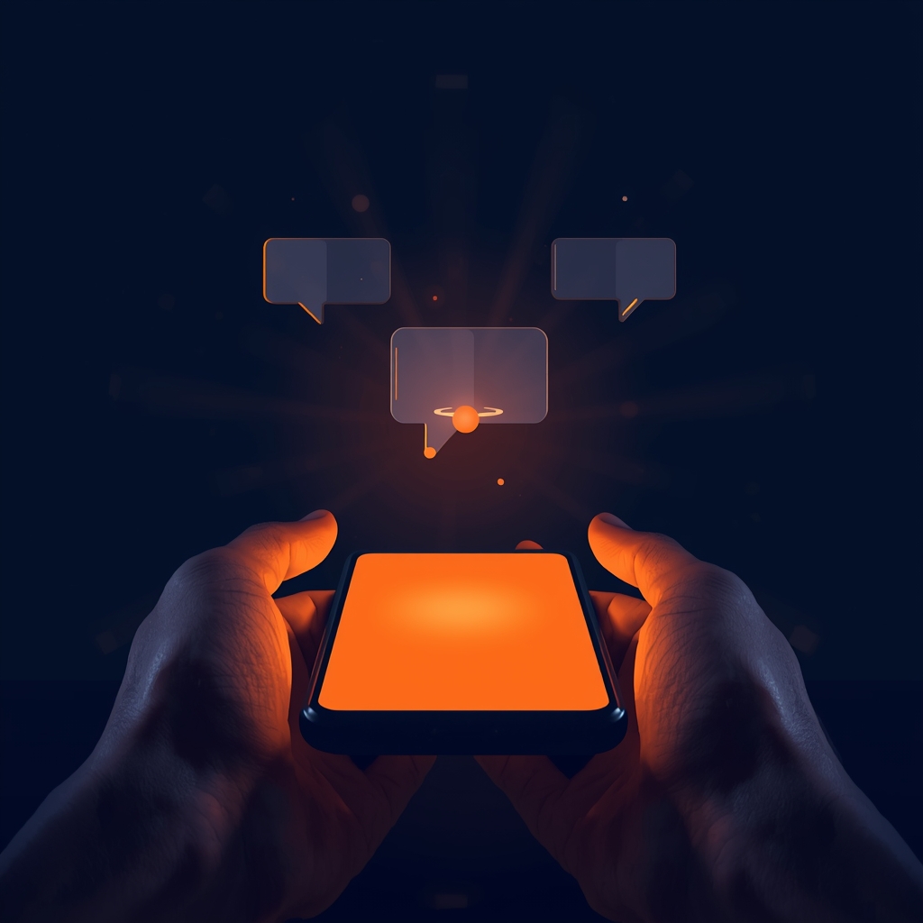 Hands holding a glowing phone, a small vermilion orb rising from the screen with chat bubbles drifting upward.