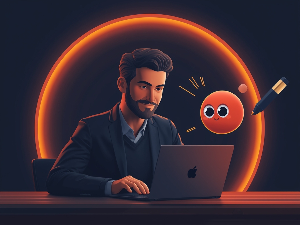 A founder talks with Ward, the Vitez Super AI shield character and his floating fountain pen, at a laptop in a warmly lit study.